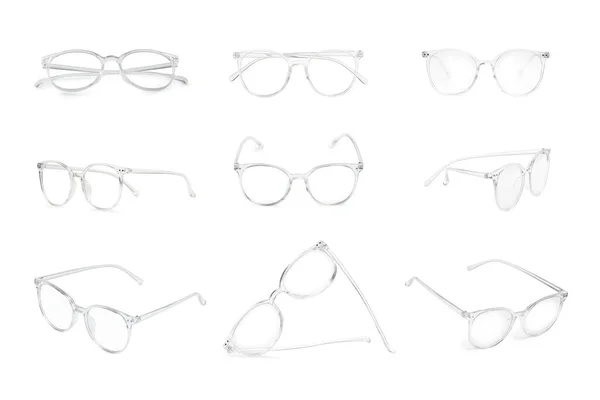 Collage Con Gafas Aisladas Blanco Diferentes Lados — Foto de Stock