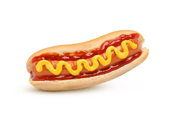 Pyszne Hot Dogi Ketchupem Musztardą Izolowane Białym — Zdjęcie stockowe