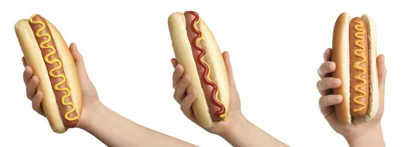 Koláž Fotografiemi Lidí Držících Chutné Hot Dogy Bílém Pozadí Detailní — Stock fotografie