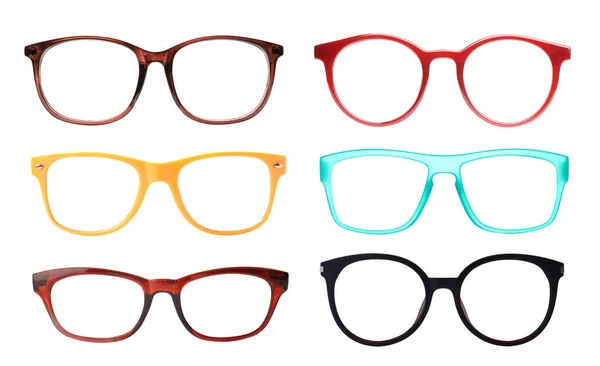 Set Different Eyeglasses Isolated White — Stock Photo, Image