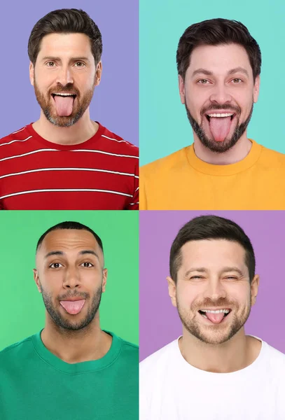 Collage Con Fotos Hombres Mostrando Sus Lenguas Diferentes Fondos Color — Foto de Stock