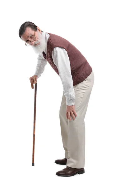 Megállt Idős Férfi Sétapálcával Fehér Háttér — Stock Fotó