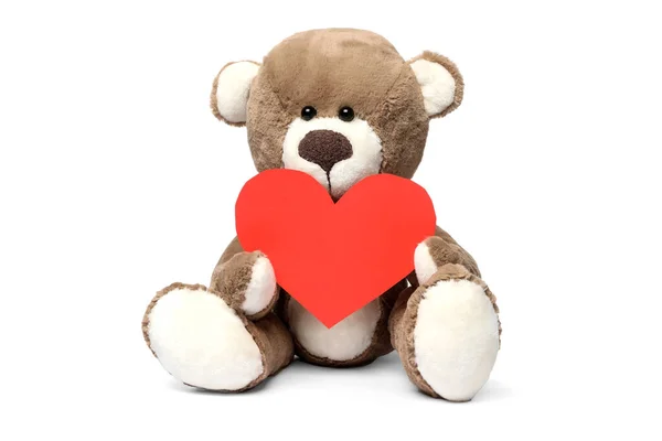 Niedlicher Teddybär Mit Leeren Roten Herzförmigen Karte Isoliert Auf Weiß — Stockfoto
