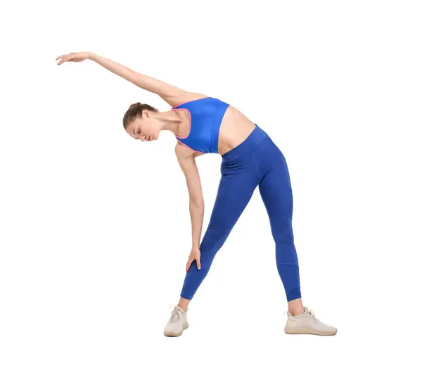 Yoga Træning Ung Kvinde Strækker Sig Hvid Baggrund - Stock-foto