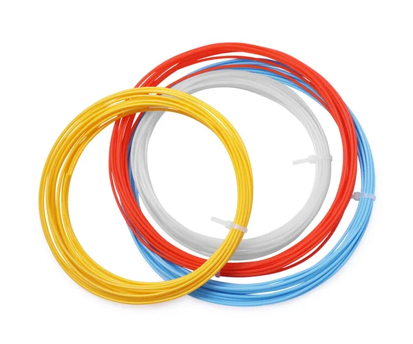 Filaments Plastique Coloré Pour Stylo Sur Fond Blanc Vue Dessus — Photo