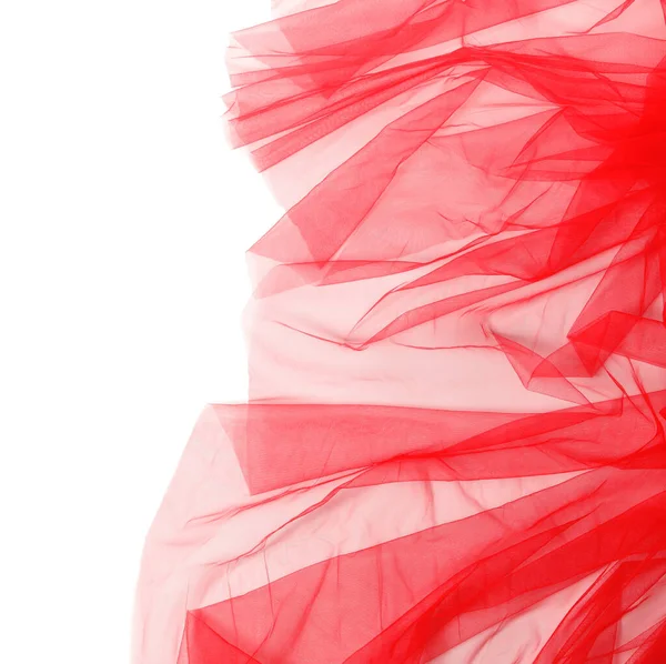 Krásná Červená Tylová Tkanina Bílém Pozadí Horní Pohled Mezera Pro — Stock fotografie