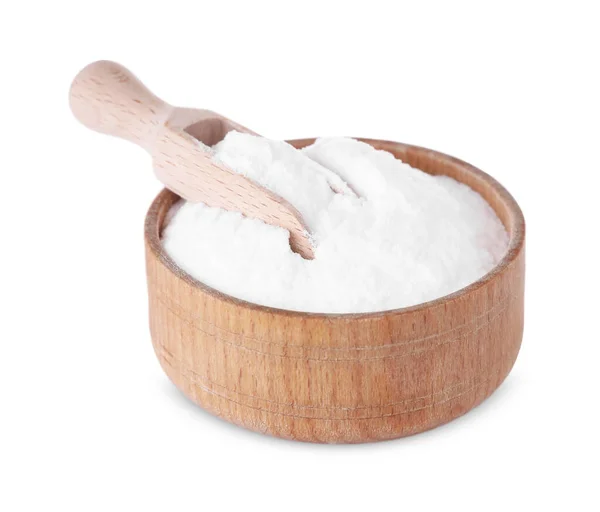 用甜果糖粉和在白色上分离的勺子做碗 — 图库照片