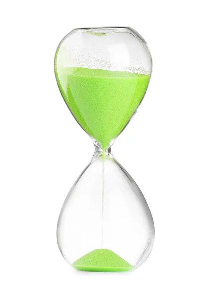 Açık Yeşil Kum Akıntılı Kum Saati Beyaza Izole Edilmiş — Stok fotoğraf