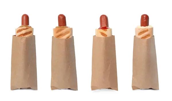Set Heerlijke Franse Hotdogs Met Gegrilde Broodjes Verschillende Sauzen Geïsoleerd — Stockfoto