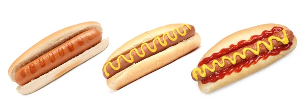Set Van Verschillende Lekkere Hotdogs Geïsoleerd Wit — Stockfoto