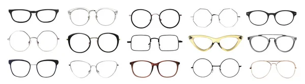 Conjunto Com Diferentes Óculos Isolados Branco — Fotografia de Stock