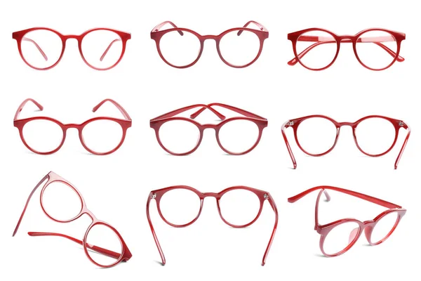 Κολάζ Γυαλιά Που Απομονώνονται Λευκές Διαφορετικές Πλευρές — Φωτογραφία Αρχείου
