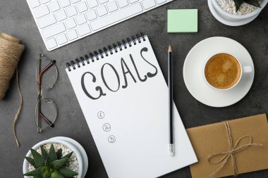 Planlama konsepti. Defterdeki, klavyedeki ve kahvedeki amaçların boş listesi