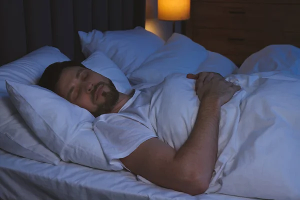 Handsome Man Sleeping Bed Night — Stockfoto