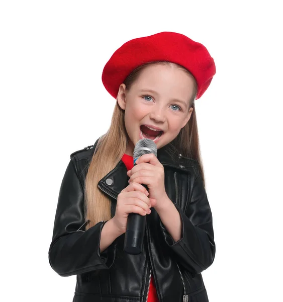 Χαριτωμένο Κοριτσάκι Μικρόφωνο Τραγουδά Λευκό Φόντο — Φωτογραφία Αρχείου