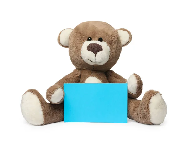 Urso Pelúcia Bonito Com Cartão Branco Isolado Branco Espaço Para — Fotografia de Stock