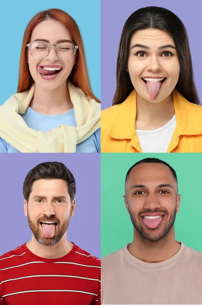 Collage Mit Fotos Von Menschen Die Ihre Zunge Auf Verschiedenfarbigen — Stockfoto