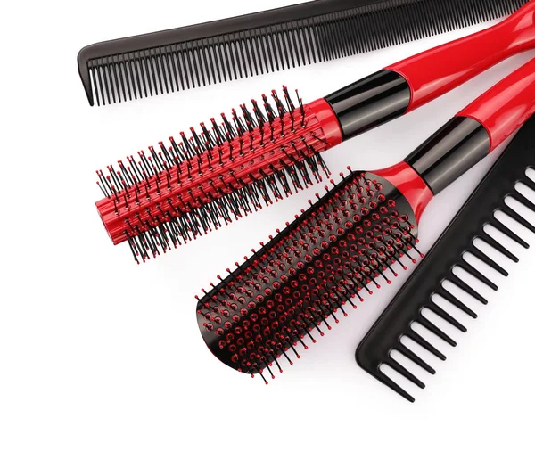 Set Hair Brushes Combs Isolated White Top View — Stock Photo, Image