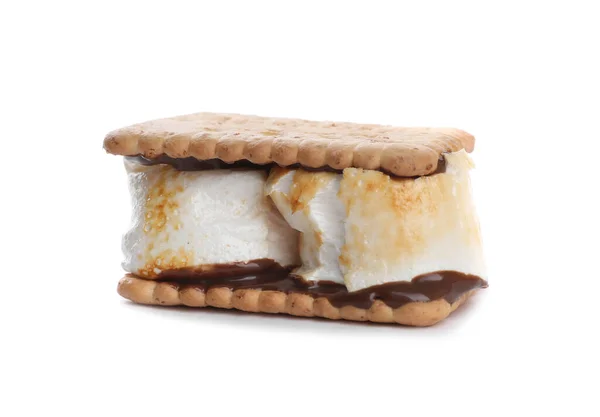Вкусный Бутерброд Зефиром Крекерами Шоколадом Изолированный Белом — стоковое фото