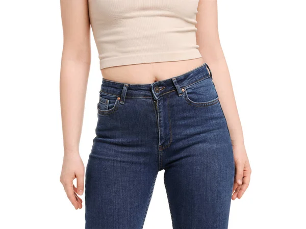 Mujer Jeans Con Estilo Sobre Fondo Blanco Primer Plano —  Fotos de Stock