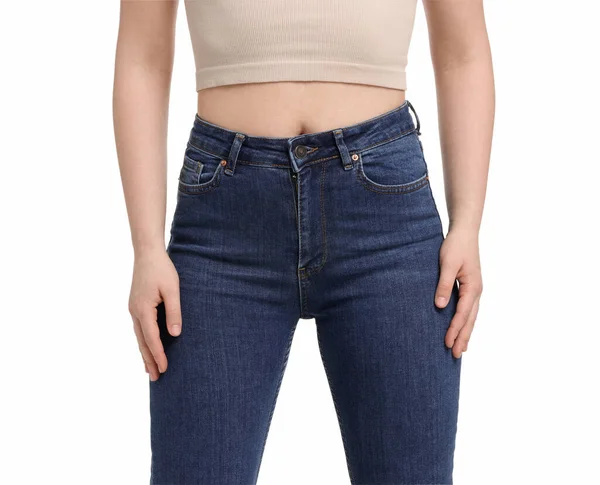 Mulher Jeans Elegantes Fundo Branco Close — Fotografia de Stock