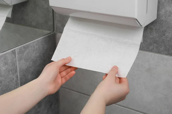 Woman Taking New Fresh Paper Towel Dispenser Bathroom Closeup — Stock Photo, Image
