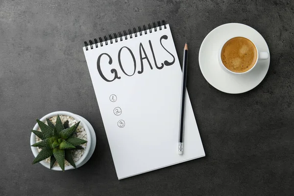 Planning Concept Empty List Goals Notebook Coffee Grey Background Flat —  Fotos de Stock