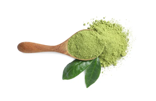 Wooden Spoon Green Matcha Powder Leaves Isolated White Top View — Stock Photo, Image