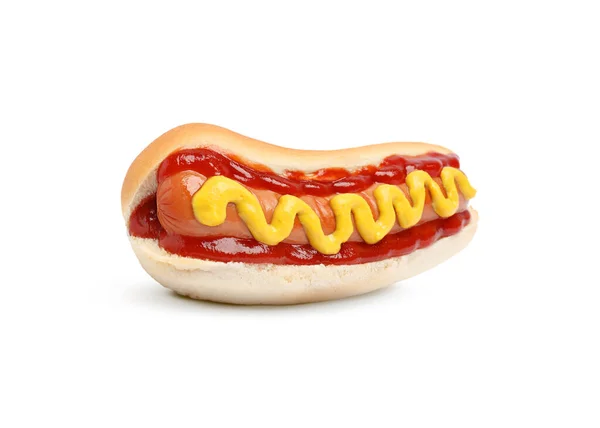 Leckere Würstchen Mit Ketchup Und Senf Isoliert Auf Weiß — Stockfoto