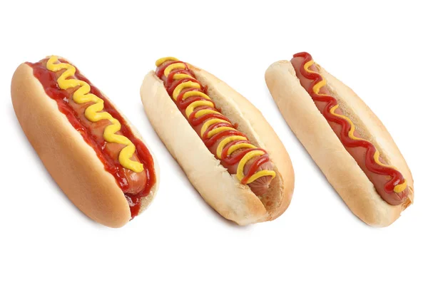 Sada Různých Mňam Hot Dogy Izolované Bílém — Stock fotografie