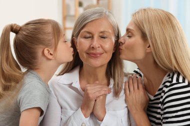 Üç kuşak. Mutlu büyükanne, kızı ve torunu evde.