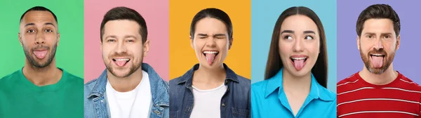 異なる色の背景に舌を表示する人々の写真とのコラージュ — ストック写真