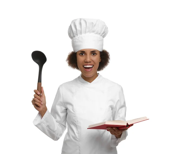 Chef Feminino Emocional Uniforme Segurando Concha Livro Receitas Fundo Branco — Fotografia de Stock
