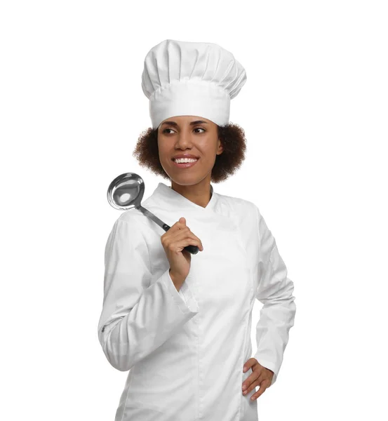 Happy Chef Feminino Uniforme Segurando Concha Fundo Branco — Fotografia de Stock