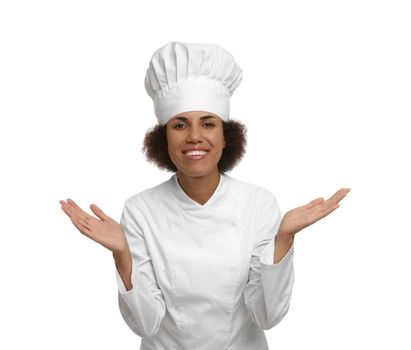 Retrato Mujer Chef Feliz Uniforme Sobre Fondo Blanco —  Fotos de Stock