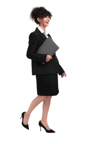 Schöne Geschäftsfrau Mit Laptop Fuß Auf Weißem Hintergrund — Stockfoto