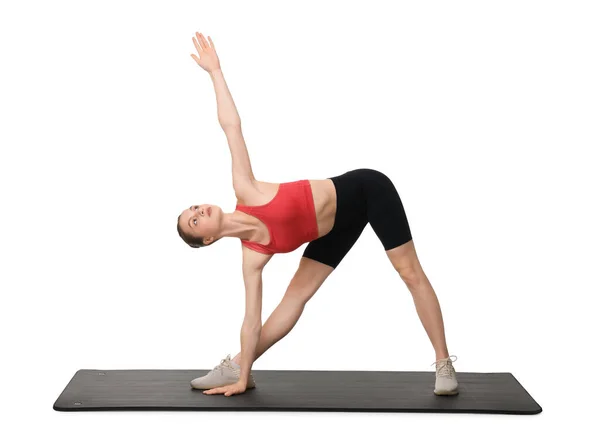 Yoga Träning Ung Kvinna Sträcker Sig Vit Bakgrund — Stockfoto