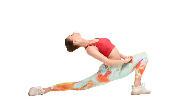 Entraînement Yoga Jeune Femme Étirant Sur Fond Blanc — Photo