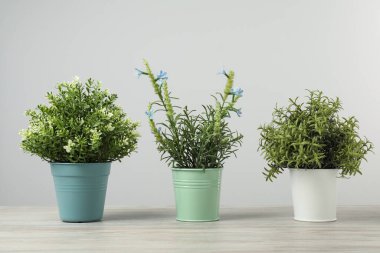 Tahta masadaki saksılarda, açık gri arka planda birçok farklı yapay bitki var.