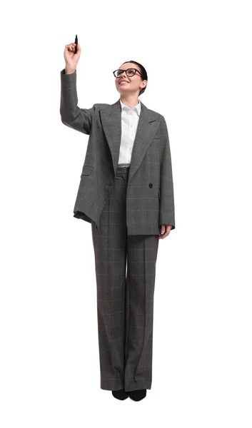 Vacker Affärskvinna Kostym Med Markör Vit Bakgrund — Stockfoto