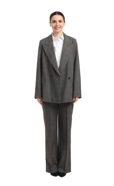 Vacker Glad Affärskvinna Kostym Vit Bakgrund — Stockfoto