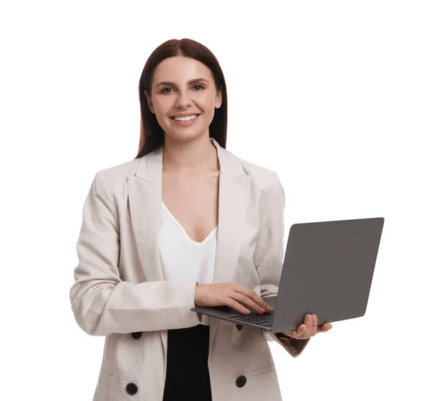 Vacker Affärskvinna Kostym Med Bärbar Dator Vit Bakgrund — Stockfoto