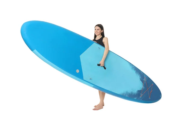 有白色背景的蓝色Sup板的快乐女人 — 图库照片