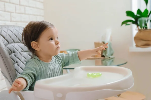 Cute Little Baby Sitting High Chair Indoors — Stock Photo, Image
