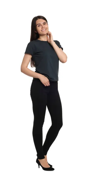 Frau Trägt Stylische Schwarze Jeans Und High Heels Auf Weißem — Stockfoto