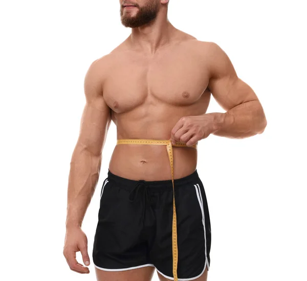 Athletischer Mann Taille Mit Klebeband Auf Weißem Hintergrund Nahaufnahme Konzept — Stockfoto