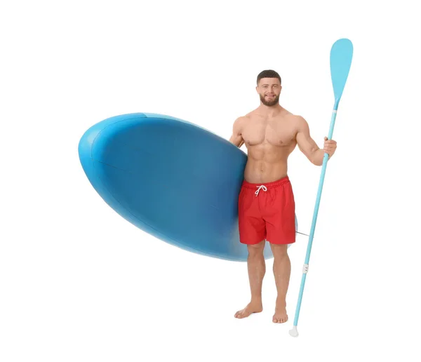 Glücklicher Mann Mit Blauem Sup Board Und Paddel Auf Weißem — Stockfoto