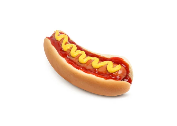 Mňam Hot Dog Kečupem Hořčicí Izolované Bílém — Stock fotografie