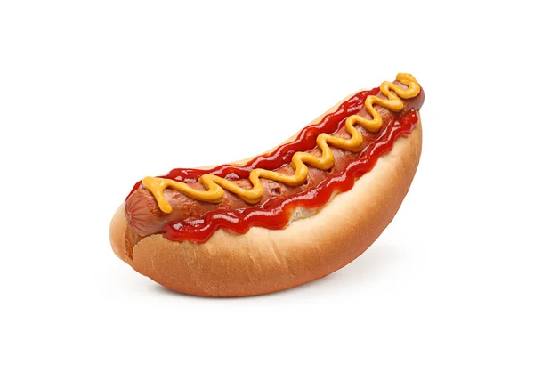 Cachorro Quente Gostoso Com Ketchup Mostarda Isolada Branco — Fotografia de Stock