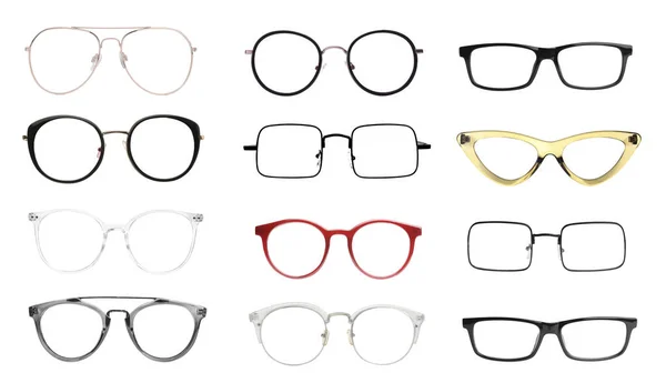 Zestaw Różnymi Okularami Izolowanymi Białym — Zdjęcie stockowe